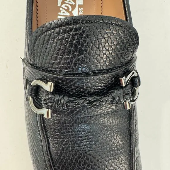 Salvarore Ferragamo Gancini Slip-On Textured Leather Loafers Black Men's 8E Wide