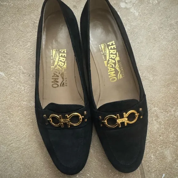 Salvatore Ferragamo Black and Gold Flats