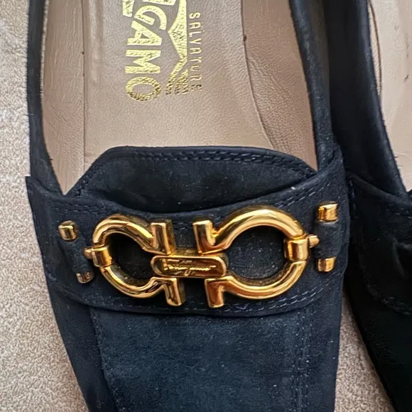 Salvatore Ferragamo Black and Gold Flats