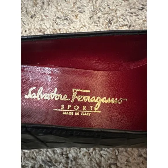 SALVATORE FERRAGAMO Black Croc Leather Silver Buckle Loafer Size 9 AA