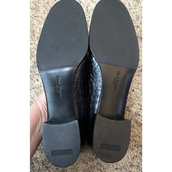 SALVATORE FERRAGAMO Black Croc Leather Silver Buckle Loafer Size 9 AA