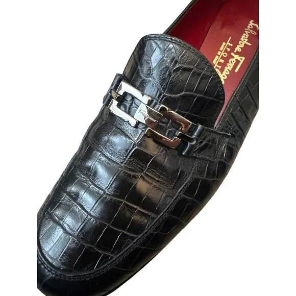 SALVATORE FERRAGAMO Black Croc Leather Silver Buckle Loafer Size 9 AA
