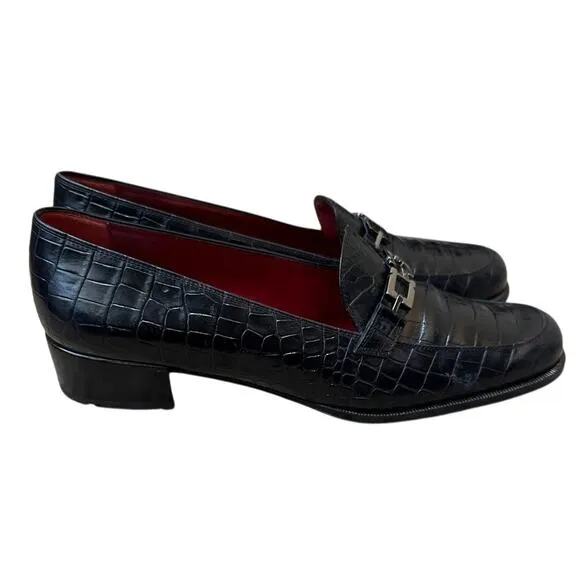 SALVATORE FERRAGAMO Black Croc Leather Silver Buckle Loafer Size 9 AA