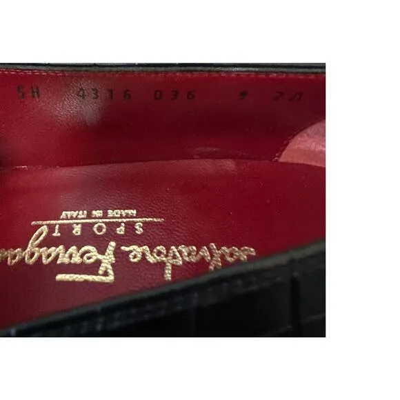 SALVATORE FERRAGAMO Black Croc Leather Silver Buckle Loafer Size 9 AA