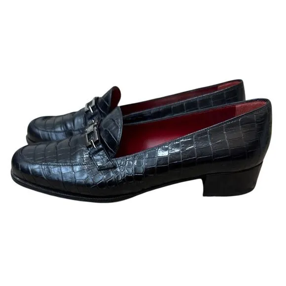 SALVATORE FERRAGAMO Black Croc Leather Silver Buckle Loafer Size 9 AA