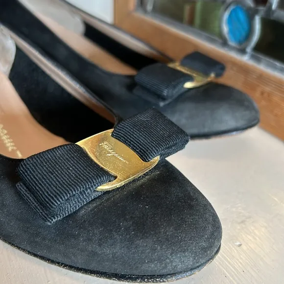 Salvatore Ferragamo Black suede Flats with Gold Accent