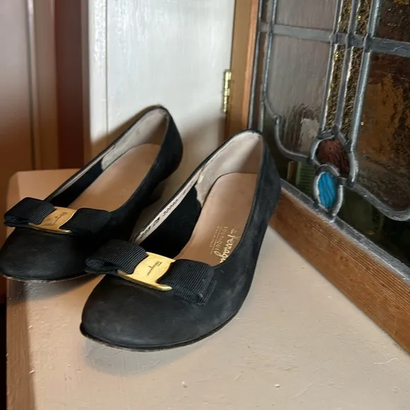 Salvatore Ferragamo Black suede Flats with Gold Accent