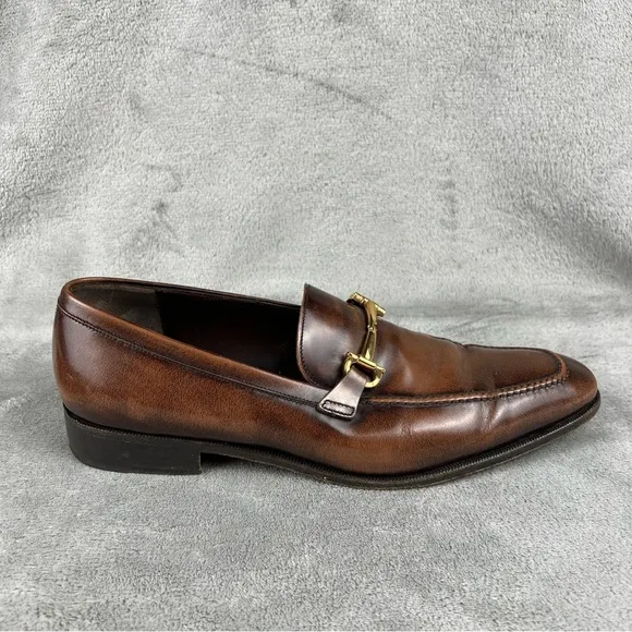 Salvatore Ferragamo Brown Leather Dress Shoes Italy Gold Bit Loafers Mens 10.5D