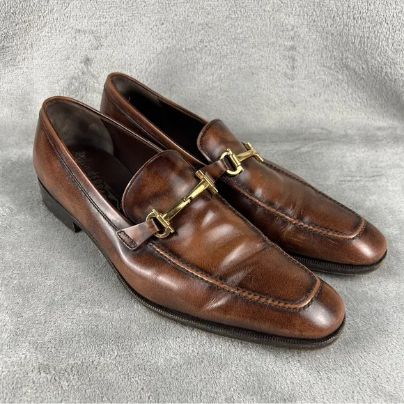 Salvatore Ferragamo Brown Leather Dress Shoes Italy Gold Bit Loafers Mens 10.5D