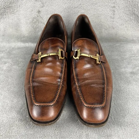 Salvatore Ferragamo Brown Leather Dress Shoes Italy Gold Bit Loafers Mens 10.5D