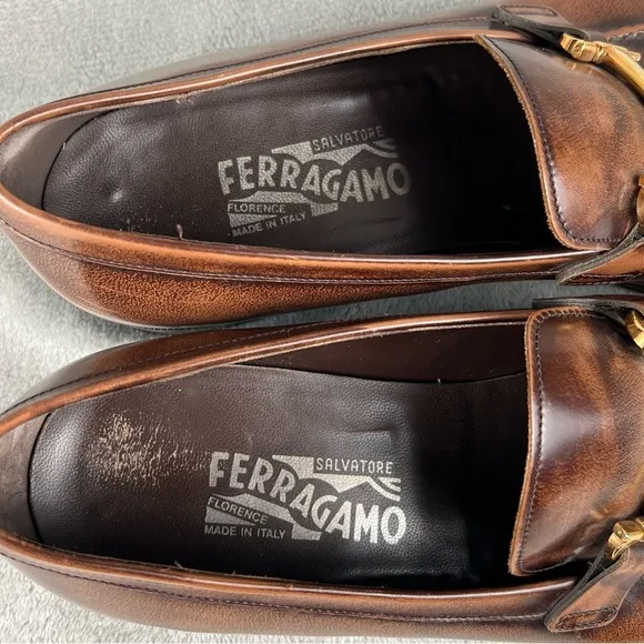 Salvatore Ferragamo Brown Leather Dress Shoes Italy Gold Bit Loafers Mens 10.5D