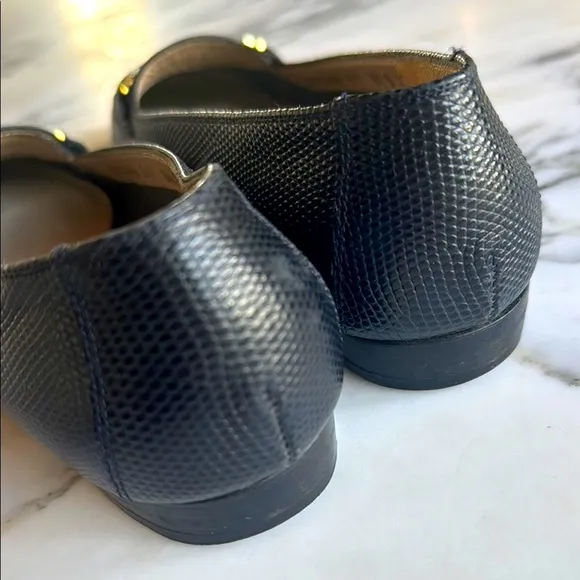 Salvatore Ferragamo VTG Black Lizard Embossed Loafers with Gold Accent Size 6.5