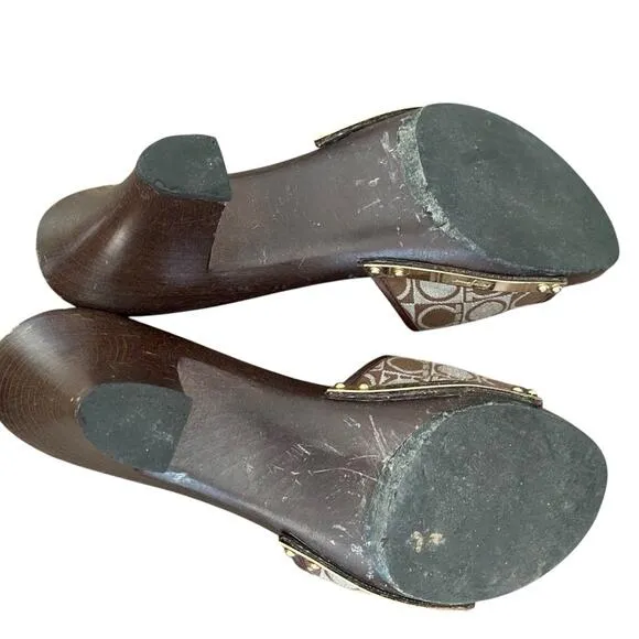 Salvatore Ferragamo Wood Slide Sandals Brown Light Blue Logo size 8