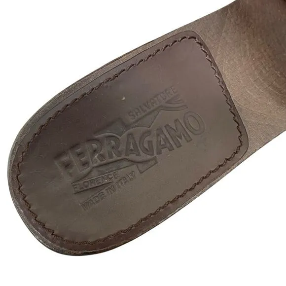 Salvatore Ferragamo Wood Slide Sandals Brown Light Blue Logo size 8