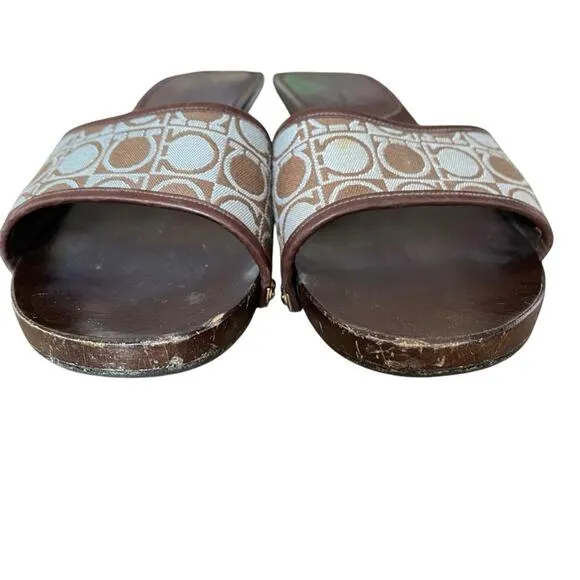 Salvatore Ferragamo Wood Slide Sandals Brown Light Blue Logo size 8