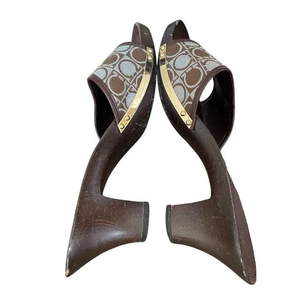 Salvatore Ferragamo Wood Slide Sandals Brown Light Blue Logo size 8