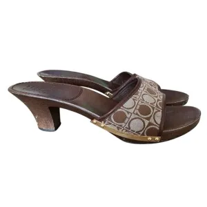Salvatore Ferragamo Wood Slide Sandals Brown Light Blue Logo size 8