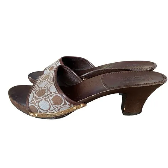Salvatore Ferragamo Wood Slide Sandals Brown Light Blue Logo size 8