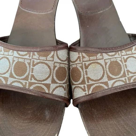 Salvatore Ferragamo Wood Slide Sandals Brown Light Blue Logo size 8