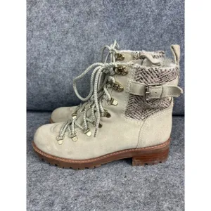 Sam Edelman Tenlee Hiker Boots Women's 8 Beige Gray Lace Up Buckle