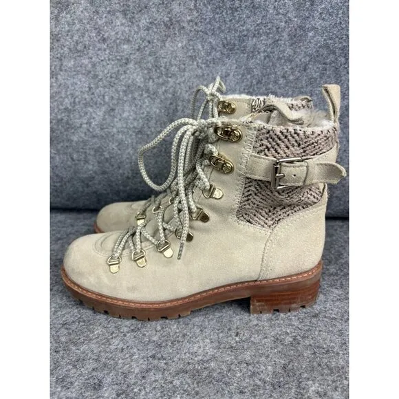 Sam Edelman Tenlee Hiker Boots Women's 8 Beige Gray Lace Up Buckle
