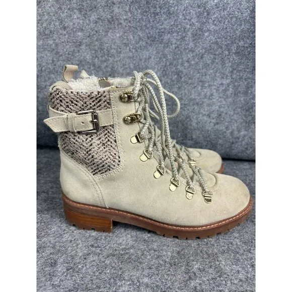 Sam Edelman Tenlee Hiker Boots Women's 8 Beige Gray Lace Up Buckle