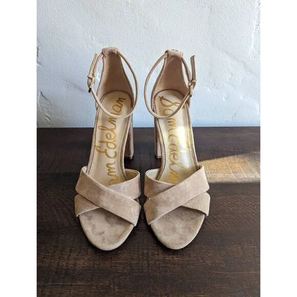 Sam Edelman Yancy Block Heel Suede Oatmeal Sandals - Size 7