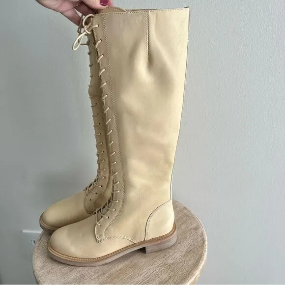 Sam Edelman Nance Lace Up Eggshell Leather Knee High Boots NWOB