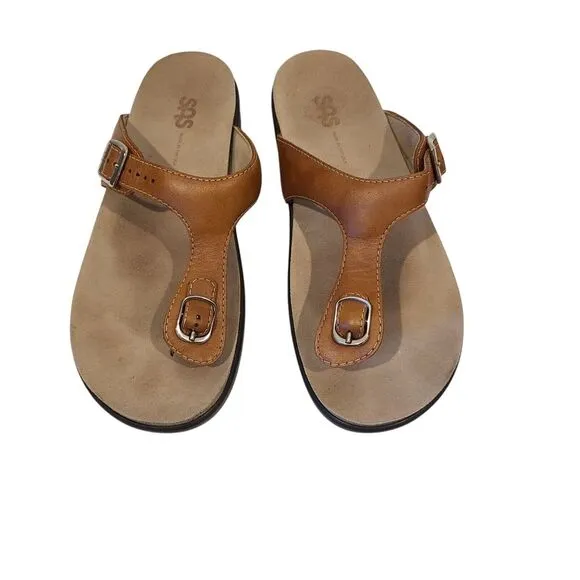 SAS Shoes Womens 9.5M Sanibel Sandals Tan Leather Thong Slide Tripad Comfort‎
