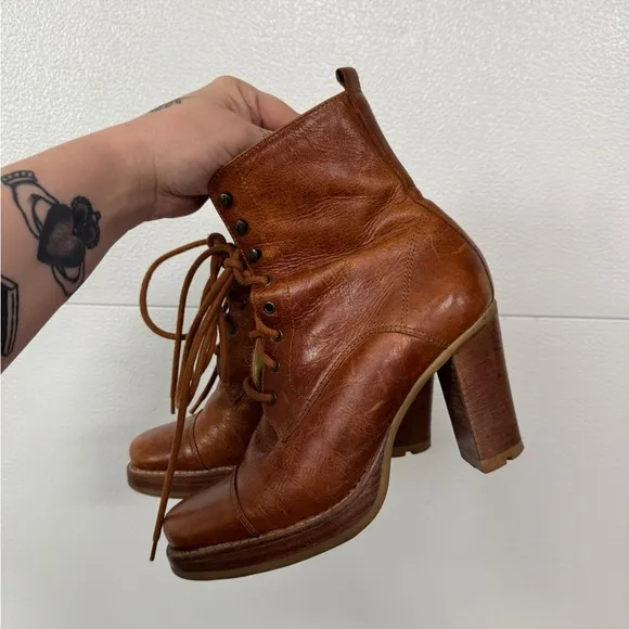 Schutz heeled y2k lace up vintage retro Brown Leather Women's Ankle Boots rare