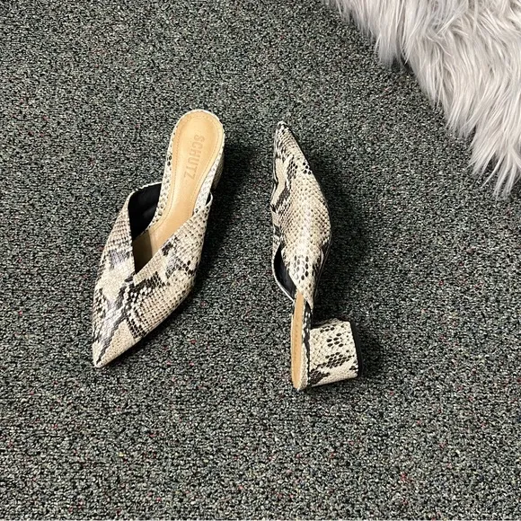 SCHUTZ Snake-print Pointed Toe Low Block Heel Slides Mules Leather Flat Shoe 7.5