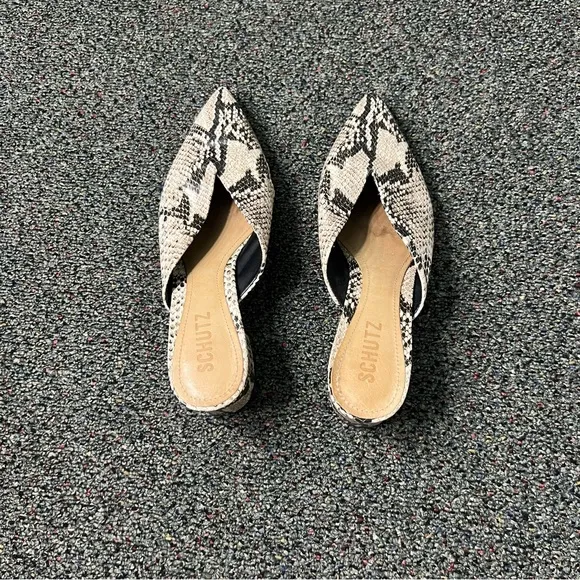 SCHUTZ Snake-print Pointed Toe Low Block Heel Slides Mules Leather Flat Shoe 7.5