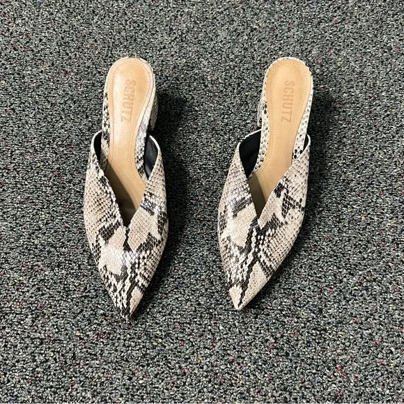 SCHUTZ Snake-print Pointed Toe Low Block Heel Slides Mules Leather Flat Shoe 7.5