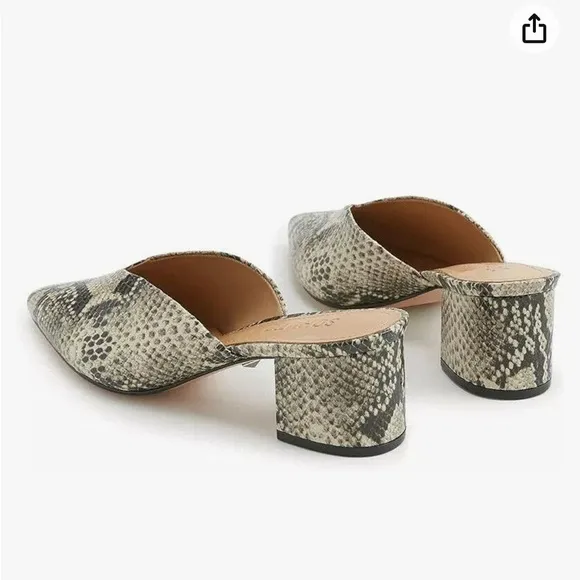 SCHUTZ Snake-print Pointed Toe Low Block Heel Slides Mules Leather Flat Shoe 7.5