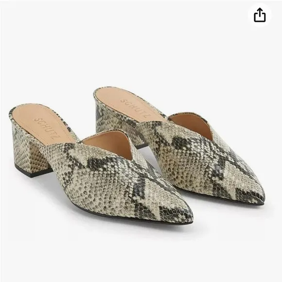 SCHUTZ Snake-print Pointed Toe Low Block Heel Slides Mules Leather Flat Shoe 7.5