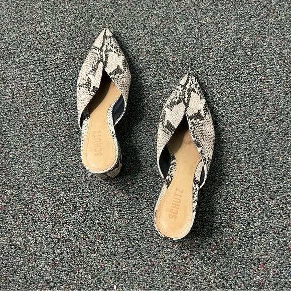 SCHUTZ Snake-print Pointed Toe Low Block Heel Slides Mules Leather Flat Shoe 7.5