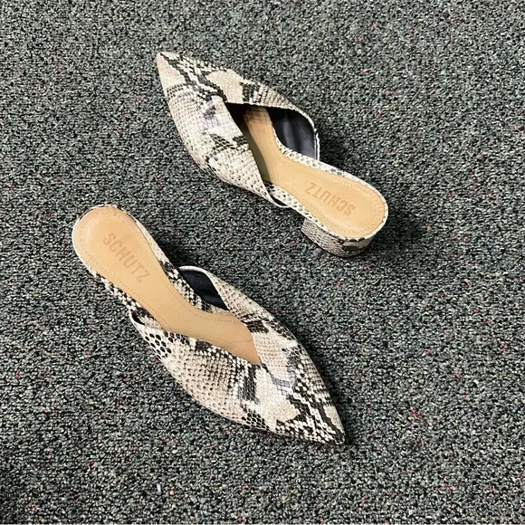 SCHUTZ Snake-print Pointed Toe Low Block Heel Slides Mules Leather Flat Shoe 7.5