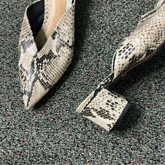 SCHUTZ Snake-print Pointed Toe Low Block Heel Slides Mules Leather Flat Shoe 7.5