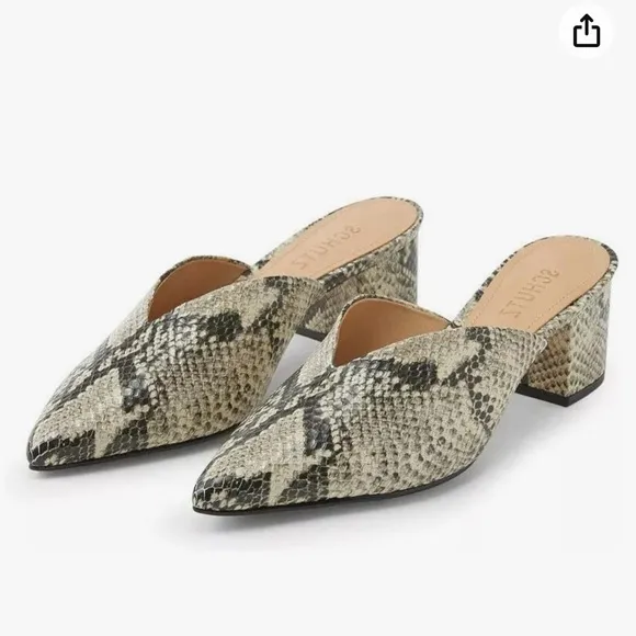 SCHUTZ Snake-print Pointed Toe Low Block Heel Slides Mules Leather Flat Shoe 7.5