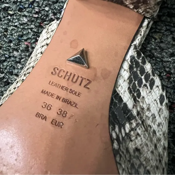 SCHUTZ Snake-print Pointed Toe Low Block Heel Slides Mules Leather Flat Shoe 7.5