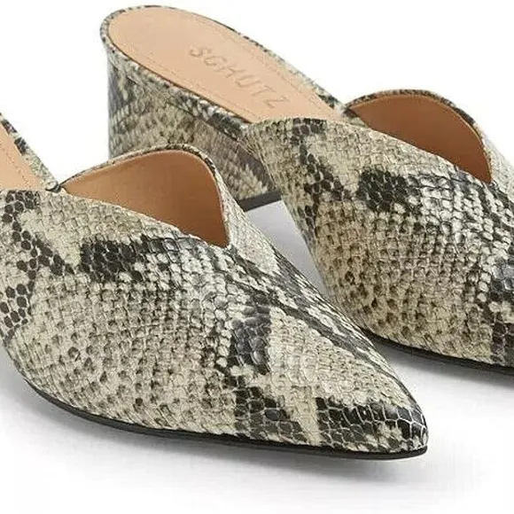SCHUTZ Snake-print Pointed Toe Low Block Heel Slides Mules Leather Flat Shoe 7.5