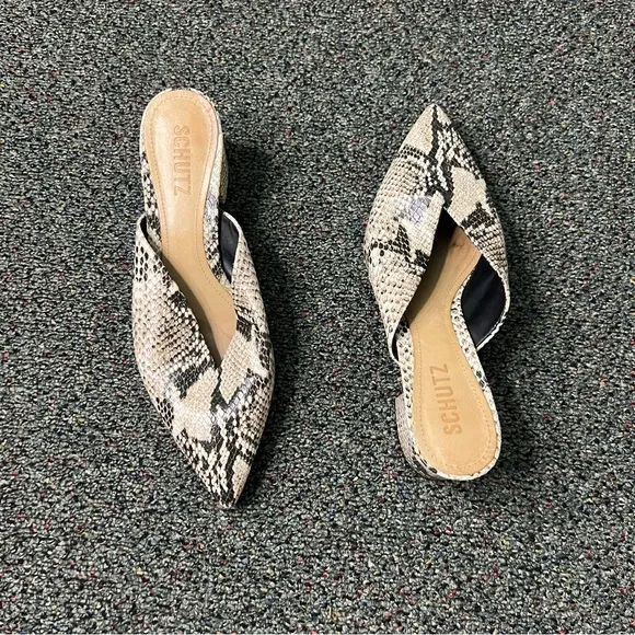 SCHUTZ Snake-print Pointed Toe Low Block Heel Slides Mules Leather Flat Shoe 7.5