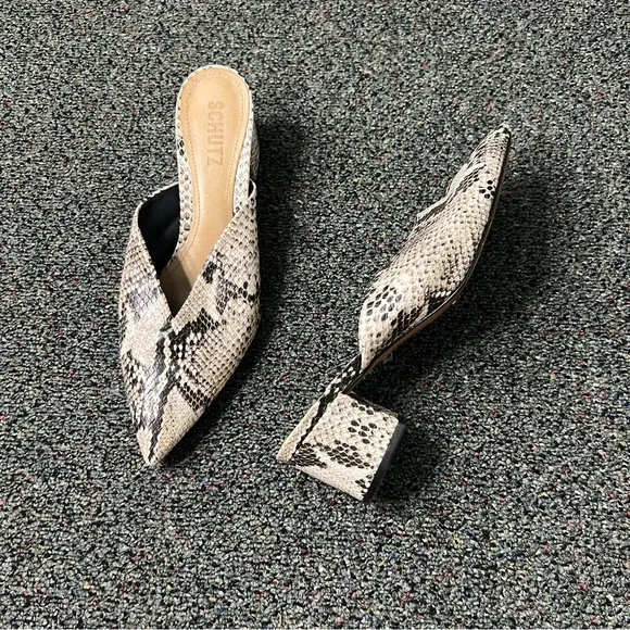SCHUTZ Snake-print Pointed Toe Low Block Heel Slides Mules Leather Flat Shoe 7.5
