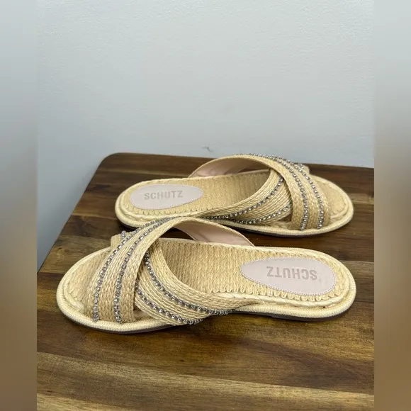 SCHUTZ Women Carlotta Crystal Embellished Raffia Straw Slide Sandals - NEW NWOB