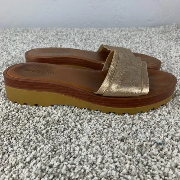 See by Chloe Sandal Slide Womens Size 7 Robin Gold Metallic Strap Comfort