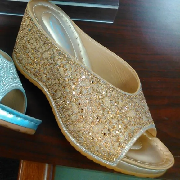 Selling Fast! Italina Gold Rhinestone Embellished Wedding Shoe or Dressy Wedge