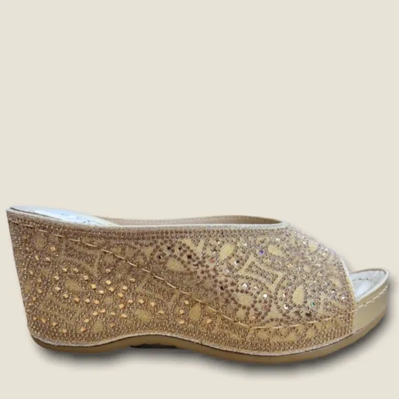 Selling Fast! Italina Gold Rhinestone Embellished Wedding Shoe or Dressy Wedge