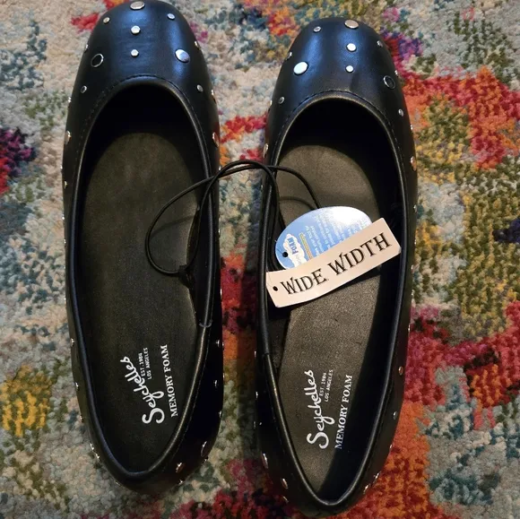 Seychelles Black Flats with Sparkling Studs and Rounded Toe