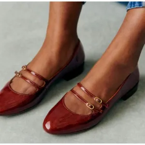 Sezane Ninon Low Ballerinas Flats Patent Leather Mahogany Brown Straps 6