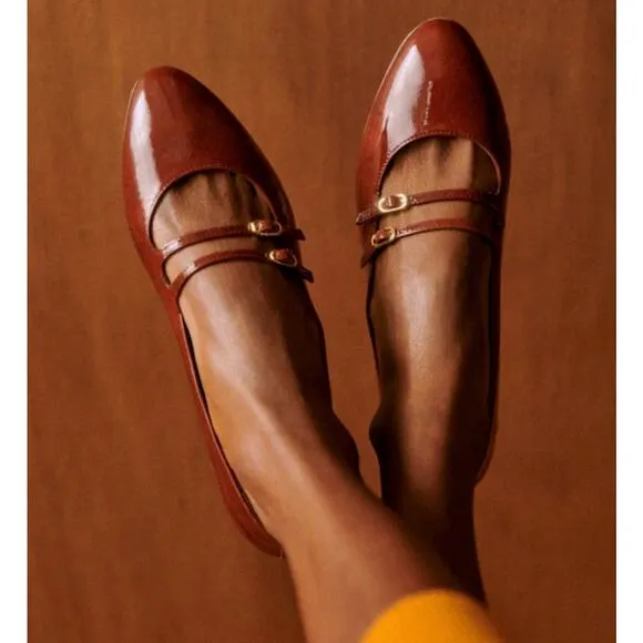 Sezane Ninon Low Ballerinas Flats Patent Leather Mahogany Brown Straps 6